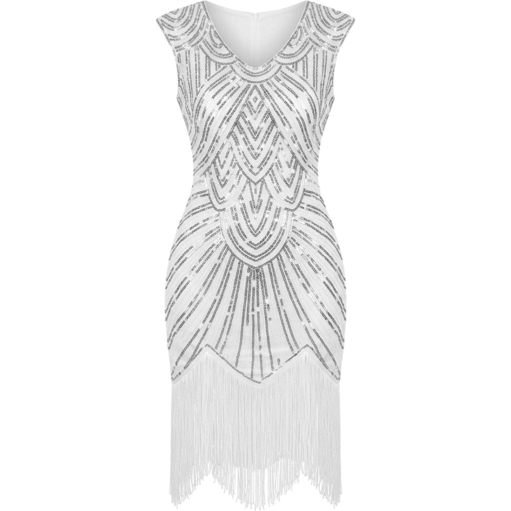 Roaring 20's Flapper Dress & Accessories Halloween Party Costume Silver Medium